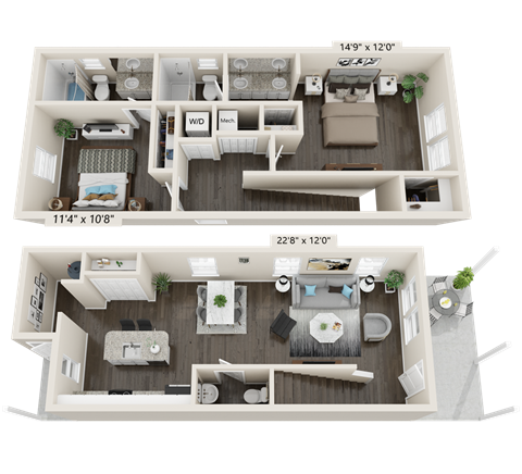 Floor plan for 2 beds, 2.5 baths, 1252 sqft